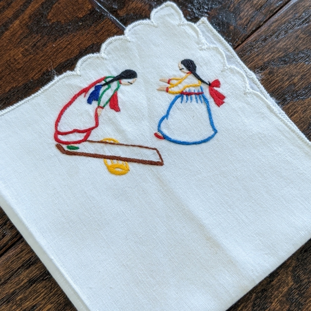 Vintage '60s Ethnic Korean Embroidered Teeter-Totter Girls Handkerchief